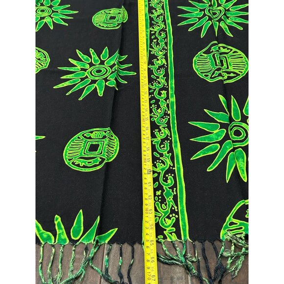 Koko Knot Black Green Rayon Scarf With Fringe Detail Batik Pattern - Picture 7 of 8